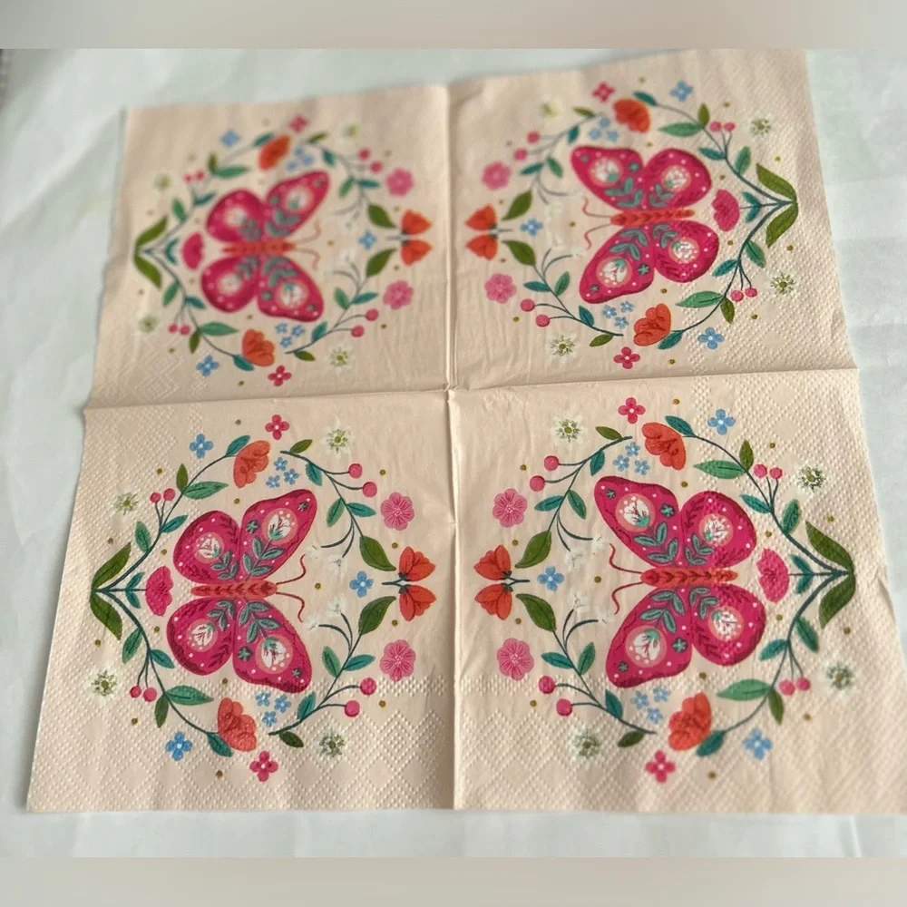New 40 Pink Paper Beverage Napkins Clementine Butterflies Flowers Leaves